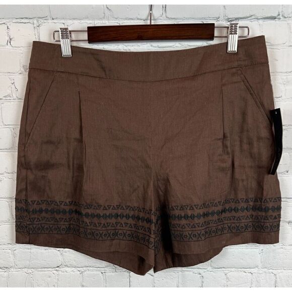 APT. 9 brown embroidered linen blend pull on stretch shorts size L NWT - Picture 1 of 8